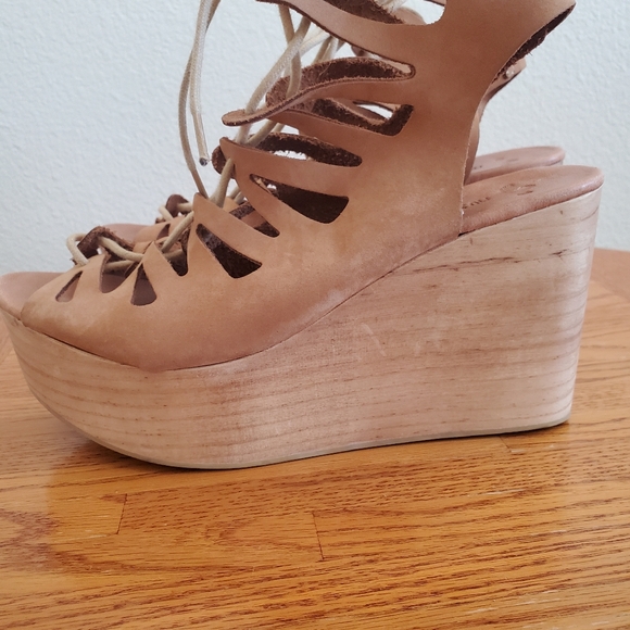 Musse & Cloud Camel Color Leather Bohemian Lace Up Platform Sandals Women's 10 - Picture 2 of 15